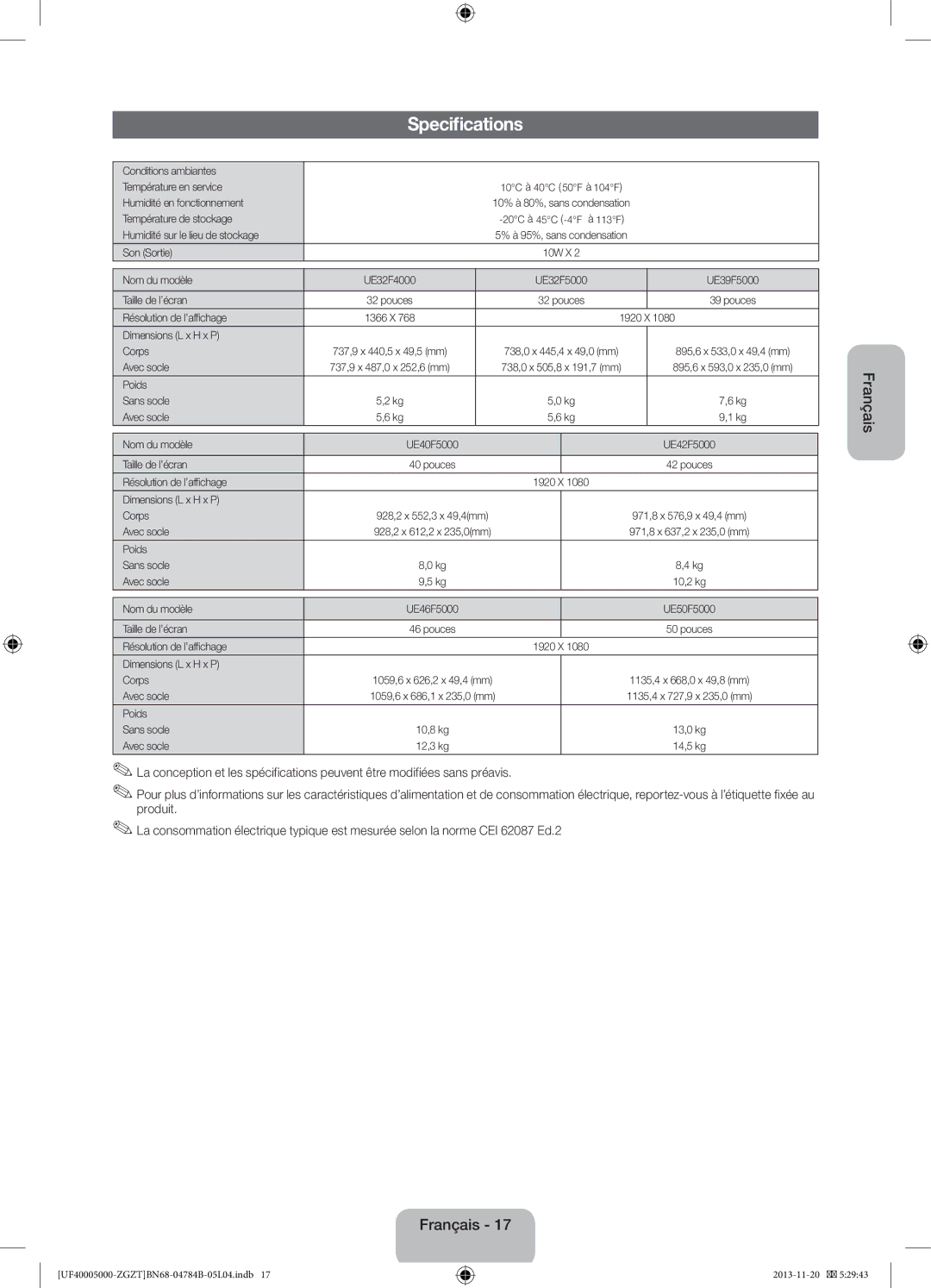 Samsung UE50F5000AWXXH Conditions ambiantes Température en service, Humidité en fonctionnement, Température de stockage 