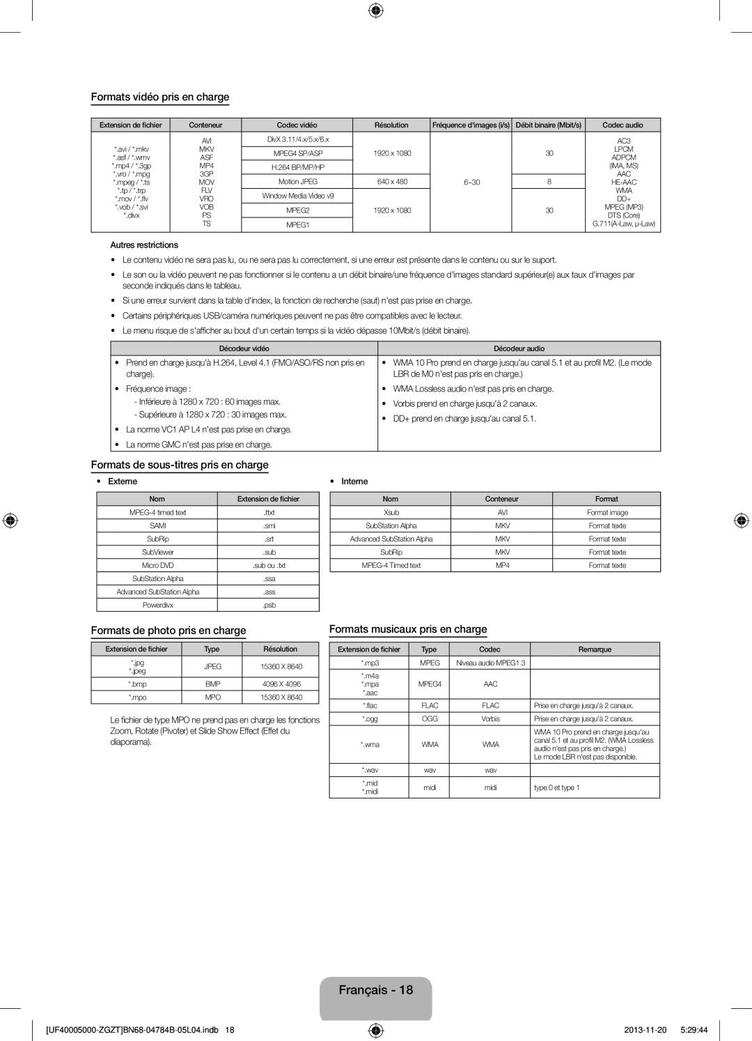 Samsung UE50F5000AWXBT, UE42F5000AWXXC, UE32F5000AWXXN Formats vidéo pris en charge, Formats de sous-titres pris en charge 