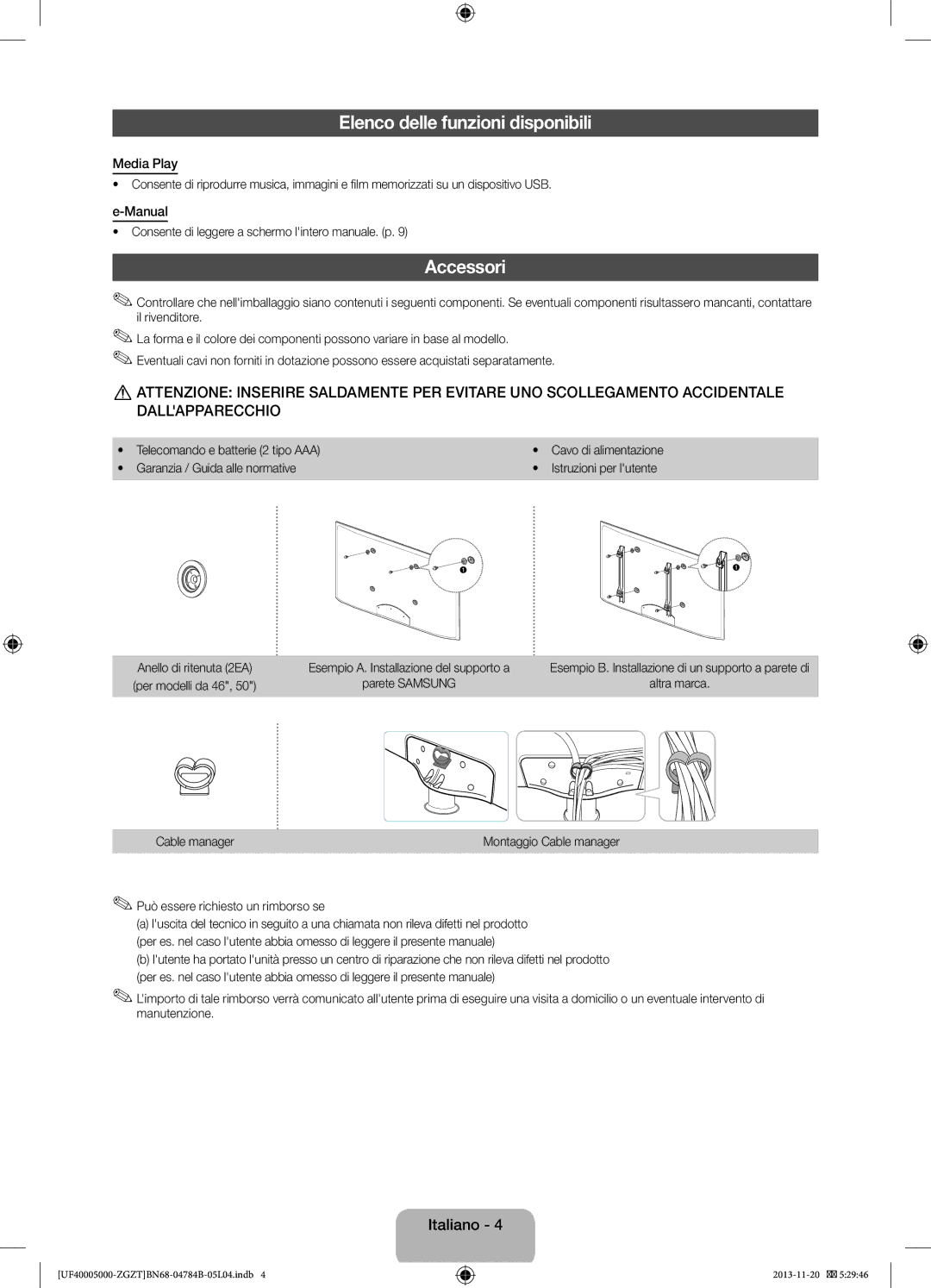 Samsung UE42F5000AWXXC, UE32F5000AWXXN, UE32F5000AWXXH, UE32F5000AWXZG manual Elenco delle funzioni disponibili, Accessori 