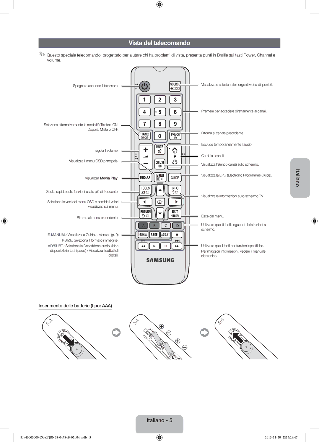 Samsung UE32F5000AWXXN, UE42F5000AWXXC, UE32F5000AWXXH manual Vista del telecomando, Inserimento delle batterie tipo AAA 