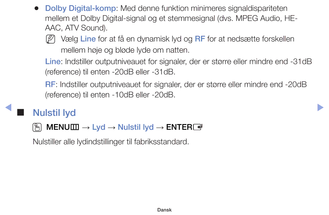 Samsung UE32F4005AWXXE, UE42F5005AKXXE, UE46F5005AKXXE, UE32F5005AKXXE manual OO MENUm → Lyd → Nulstil lyd → Entere 