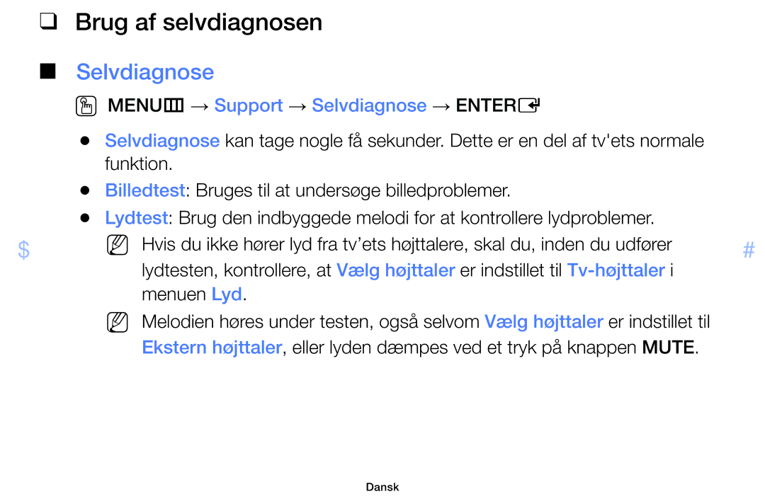 Samsung UE42F5005AKXXE, UE32F4005AWXXE manual Brug af selvdiagnosen, OO MENUm → Support → Selvdiagnose → Entere 