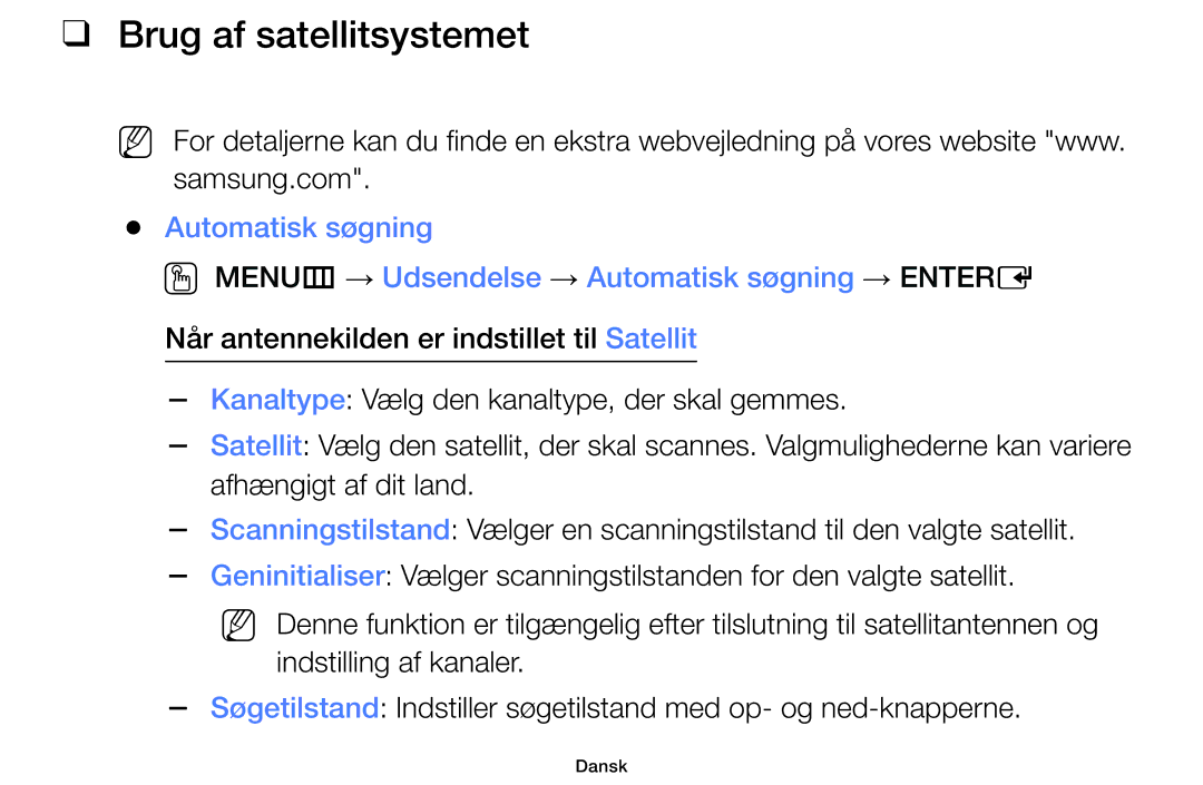 Samsung UE32F4005AWXXE, UE42F5005AKXXE, UE46F5005AKXXE, UE32F5005AKXXE, UE40F5005AKXXE manual Brug af satellitsystemet 