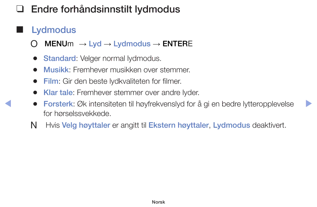 Samsung UE42F5005AKXXE, UE32F4005AWXXE, UE46F5005AKXXE, UE32F5005AKXXE manual Endre forhåndsinnstilt lydmodus, Lydmodus 