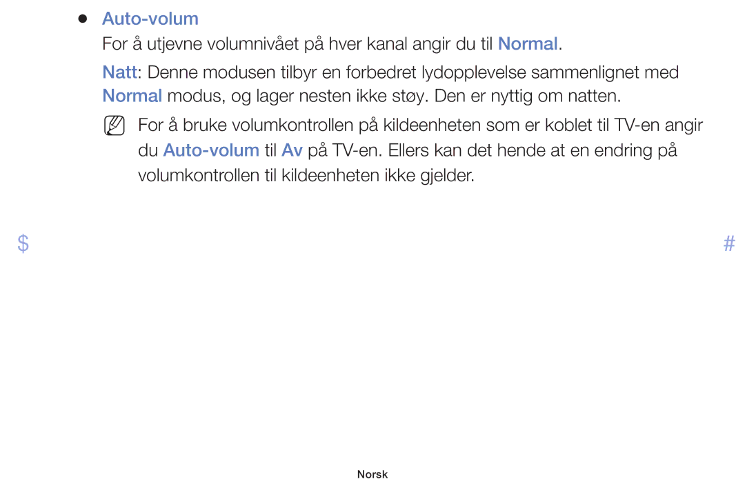 Samsung UE40F5005AKXXE, UE42F5005AKXXE manual Auto-volum, For å utjevne volumnivået på hver kanal angir du til Normal 