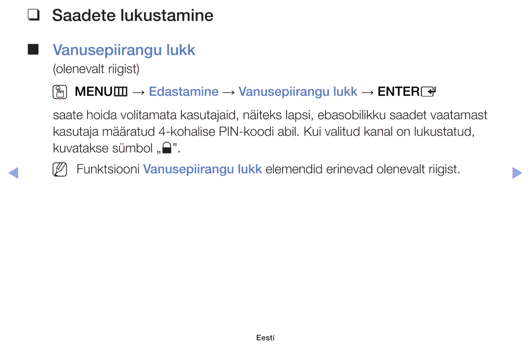 Samsung UE40F5000AWXBT, UE42F5070SSXZG manual Saadete lukustamine, OO MENUm → Edastamine → Vanusepiirangu lukk → Entere 