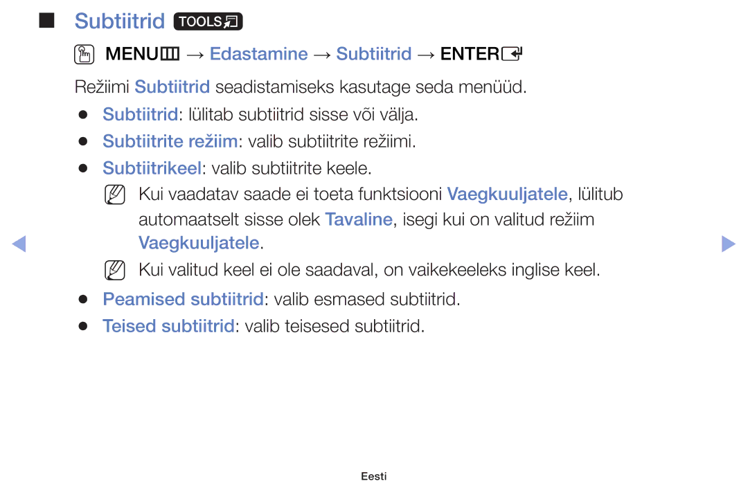 Samsung UE32F5000AWXBT, UE42F5070SSXZG manual Subtiitrid t, OO MENUm → Edastamine → Subtiitrid → Entere, Vaegkuuljatele 