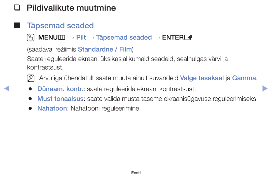 Samsung UE42F5000AWXBT, UE42F5070SSXZG manual Pildivalikute muutmine, OO MENUm → Pilt → Täpsemad seaded → Entere 