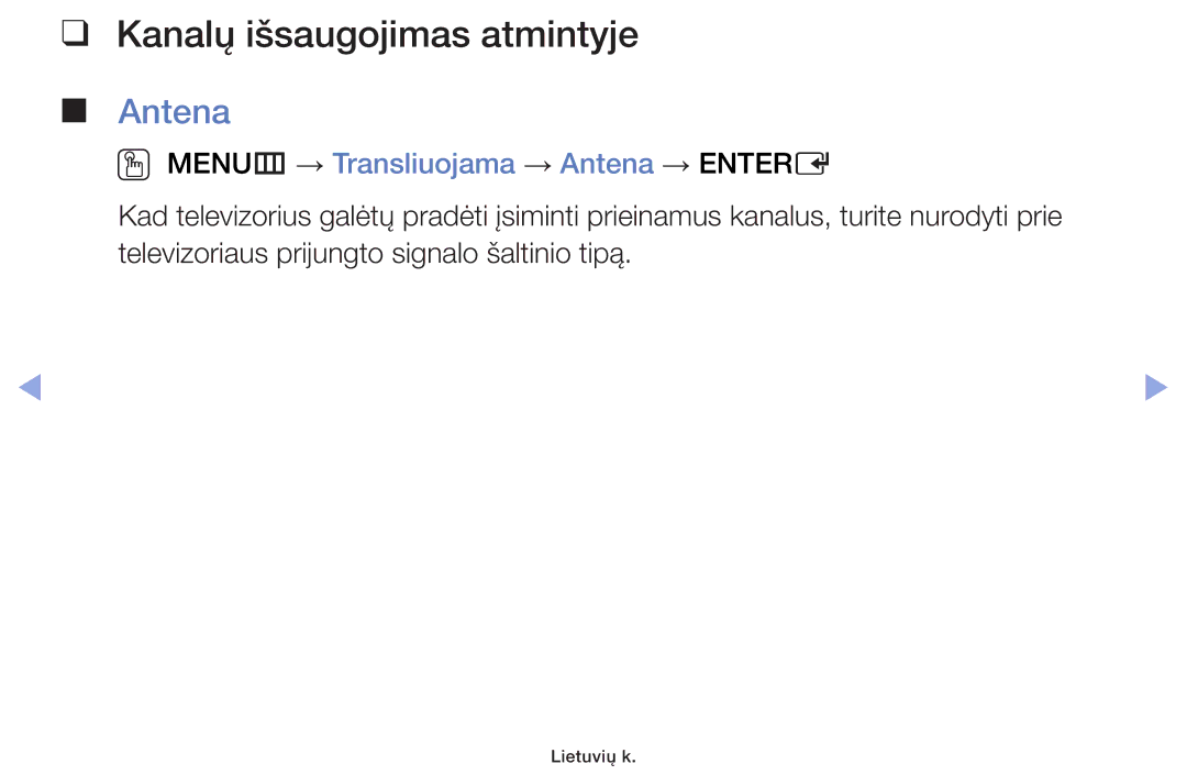 Samsung UE32F6400AKXXH, UE42F5070SSXZG manual Kanalų išsaugojimas atmintyje, OO MENUm → Transliuojama → Antena → Entere 