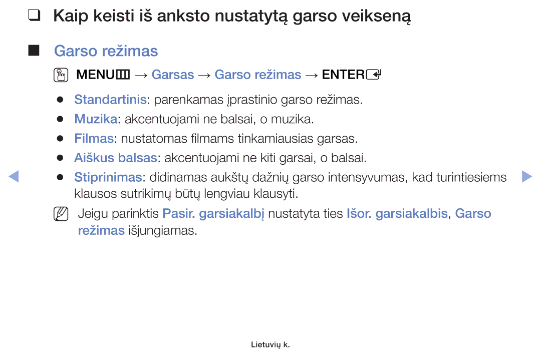 Samsung UE42F5070SSXZG, UE42F5000AWXZG, UE42F5000AWXBT manual Kaip keisti iš anksto nustatytą garso veikseną, Garso režimas 