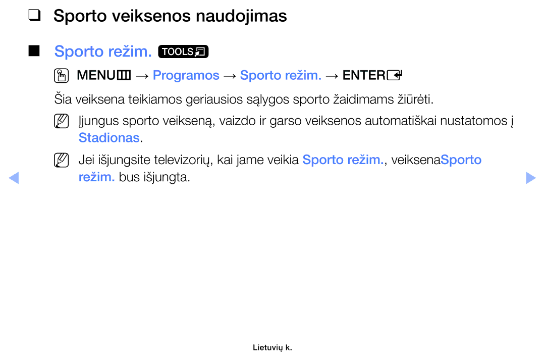 Samsung UE42F5070SSXZG manual Sporto veiksenos naudojimas, Sporto režim. t, OO MENUm → Programos → Sporto režim. → Entere 