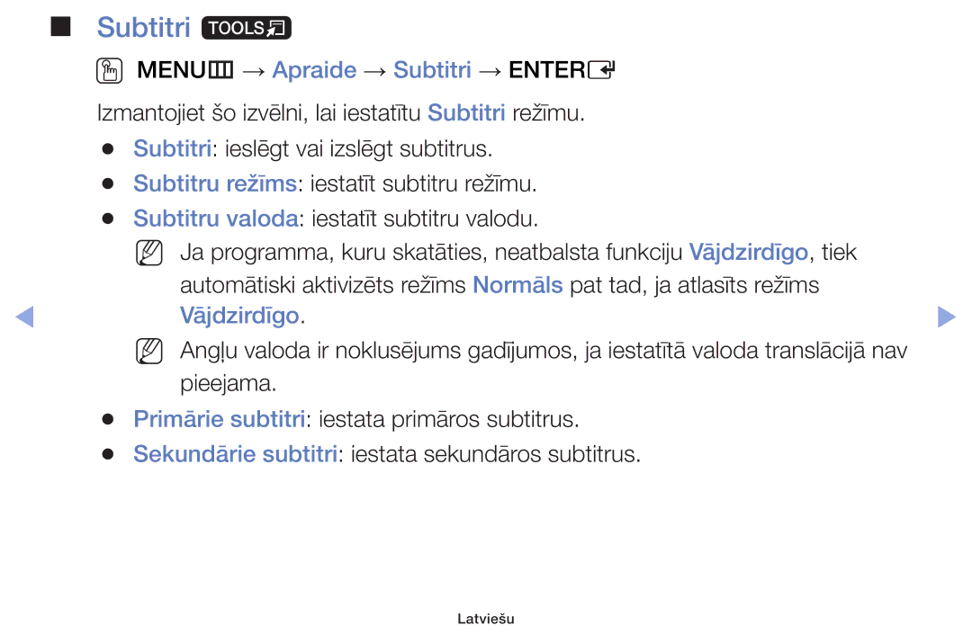 Samsung UE32F5000AWXBT, UE42F5070SSXZG, UE42F5000AWXZG manual Subtitri t, OO MENUm → Apraide → Subtitri → Entere, Vājdzirdīgo 