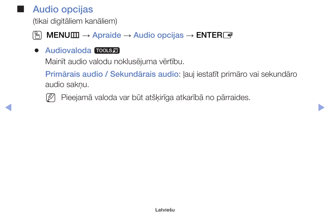 Samsung UE32F6400AKXXH, UE42F5070SSXZG, UE42F5000AWXZG manual OO MENUm → Apraide → Audio opcijas → Entere Audiovaloda t 