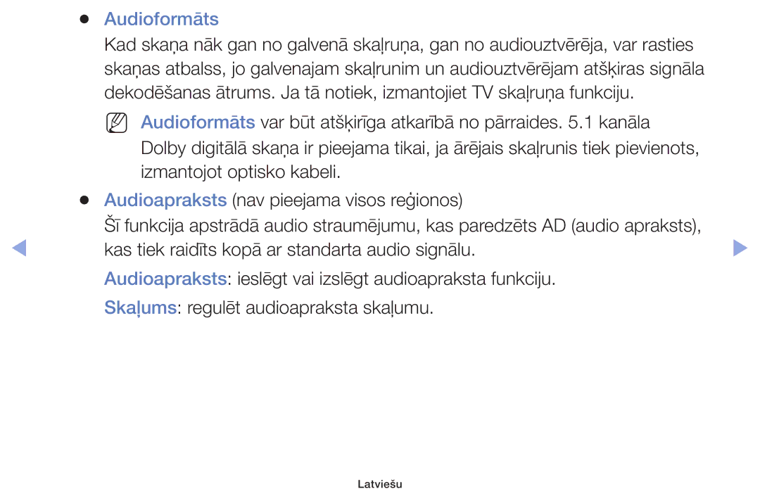 Samsung UE40F5000AWXBT, UE42F5070SSXZG, UE42F5000AWXZG, UE42F5000AWXBT, UE32F5000AWXBT, UE32F6400AKXXH manual Audioformāts 