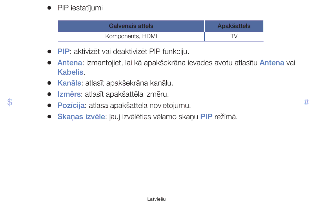 Samsung UE42F5000AWXZG, UE42F5070SSXZG, UE42F5000AWXBT, UE32F5000AWXBT manual PIP aktivizēt vai deaktivizēt PIP funkciju 