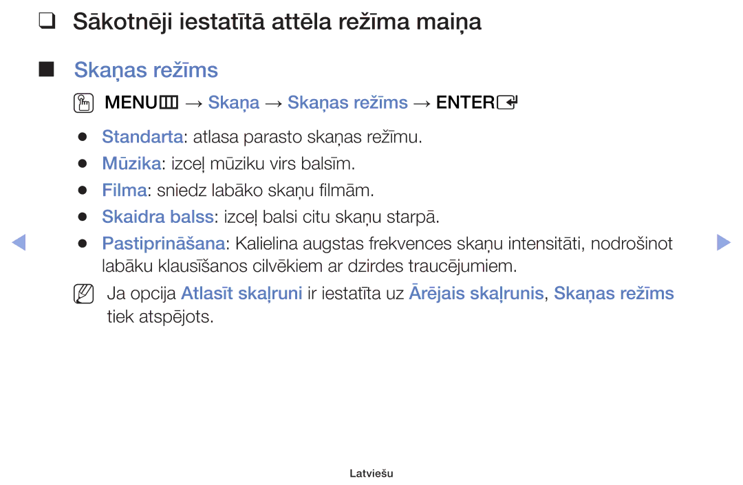 Samsung UE42F5070SSXZG, UE42F5000AWXZG, UE42F5000AWXBT, UE32F5000AWXBT manual OO MENUm → Skaņa → Skaņas režīms → Entere 