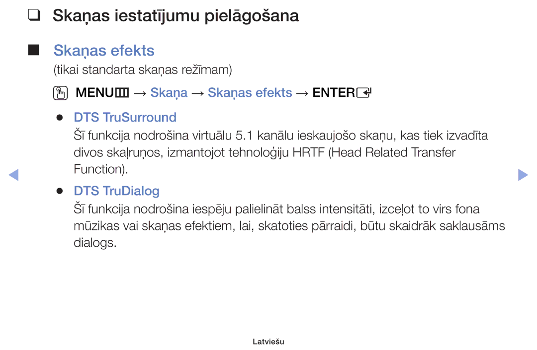 Samsung UE42F5000AWXZG, UE42F5070SSXZG, UE42F5000AWXBT manual Skaņas iestatījumu pielāgošana, Skaņas efekts, DTS TruDialog 