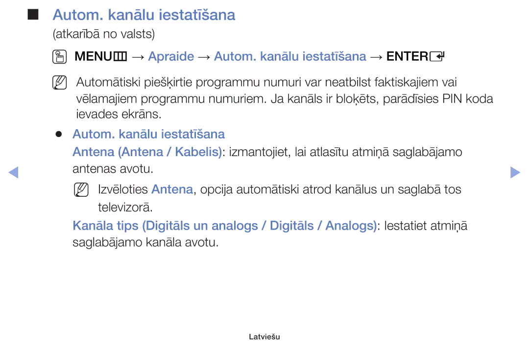 Samsung UE40F5000AWXBT, UE42F5070SSXZG, UE42F5000AWXZG manual OO MENUm → Apraide → Autom. kanālu iestatīšana → Entere 