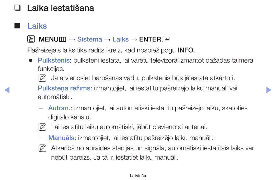 Samsung UE42F5000AWXBT, UE42F5070SSXZG, UE42F5000AWXZG, UE32F5000AWXBT, UE32F6400AKXXH manual Laika iestatīšana, Laiks 