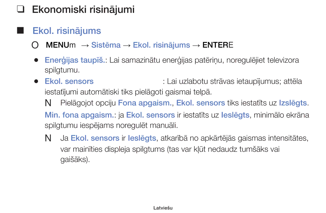 Samsung UE42F5000AWXBT, UE42F5070SSXZG manual Ekonomiski risinājumi, OO MENUm → Sistēma → Ekol. risinājums → Entere 