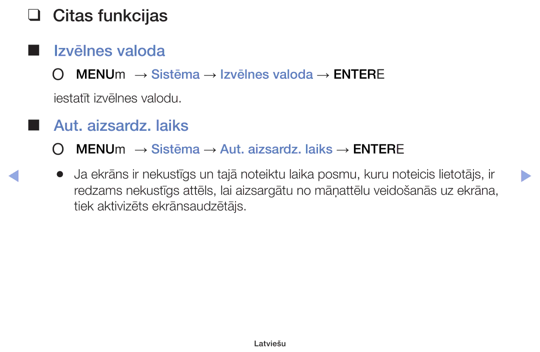 Samsung UE32F6400AKXXH, UE42F5070SSXZG manual Aut. aizsardz. laiks, OO MENUm → Sistēma → Izvēlnes valoda → Entere 