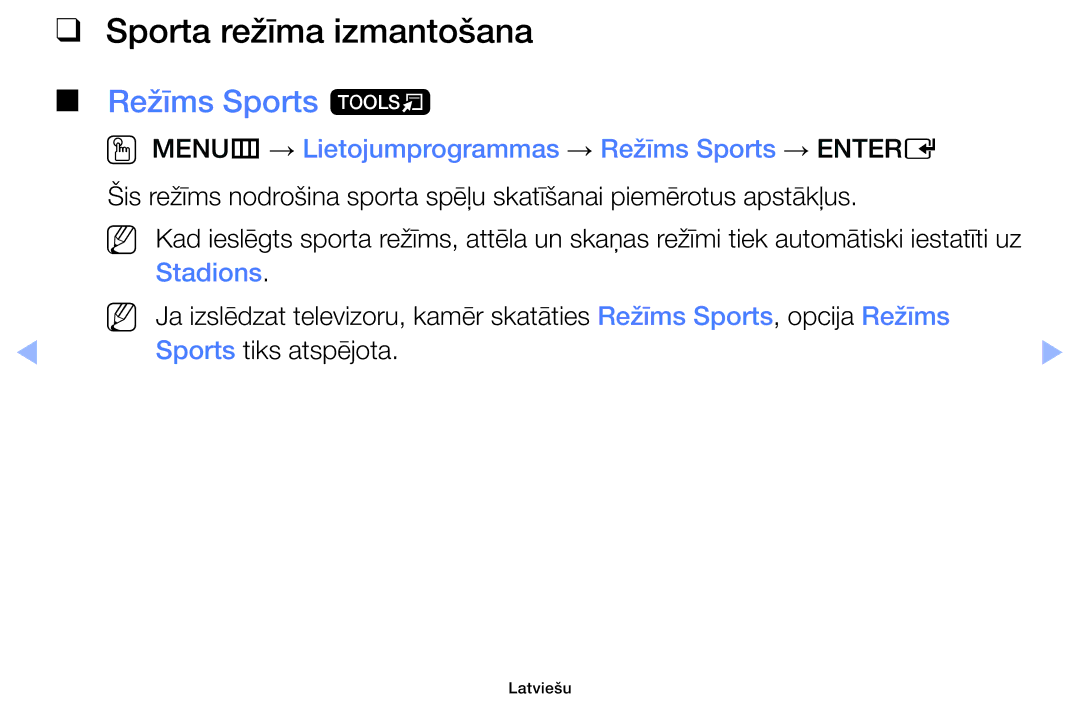 Samsung UE42F5070SSXZG Sporta režīma izmantošana, Režīms Sports t, OO MENUm → Lietojumprogrammas → Režīms Sports → Entere 