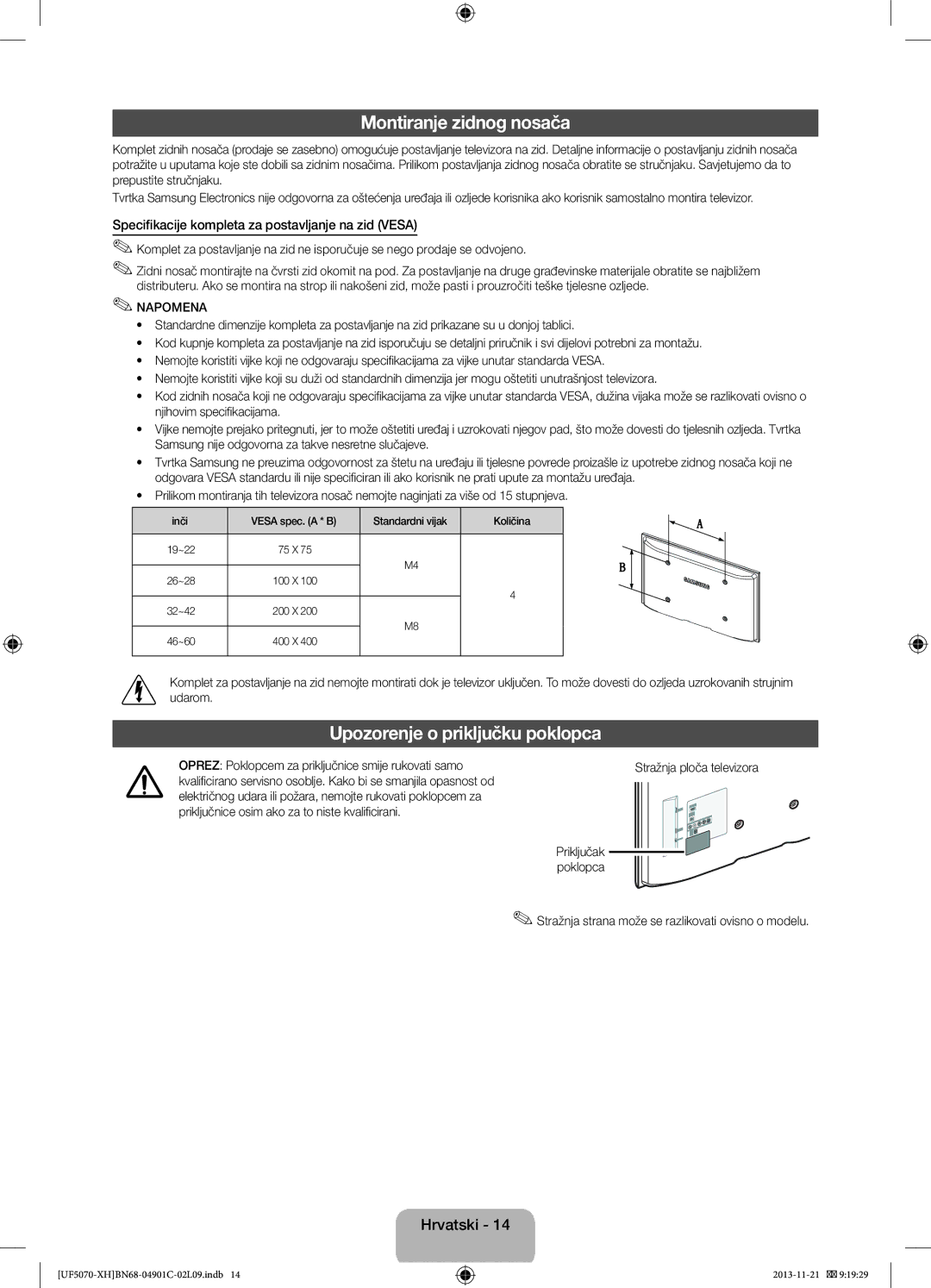 Samsung UE42F5070SSXZG manual Montiranje zidnog nosača, Upozorenje o priključku poklopca, Stražnja ploča televizora 