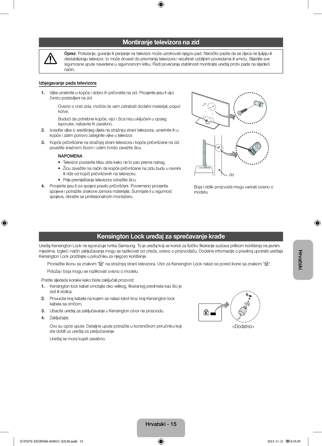 Samsung UE42F5070SSXXH, UE42F5070SSXZG manual Montiranje televizora na zid, Kensington Lock uređaj za sprečavanje krađe 