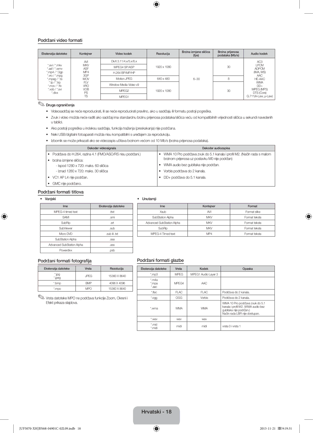 Samsung UE42F5070SSXZG, UE42F5070SSXXH manual Podržani formati glazbe, Vanjski 