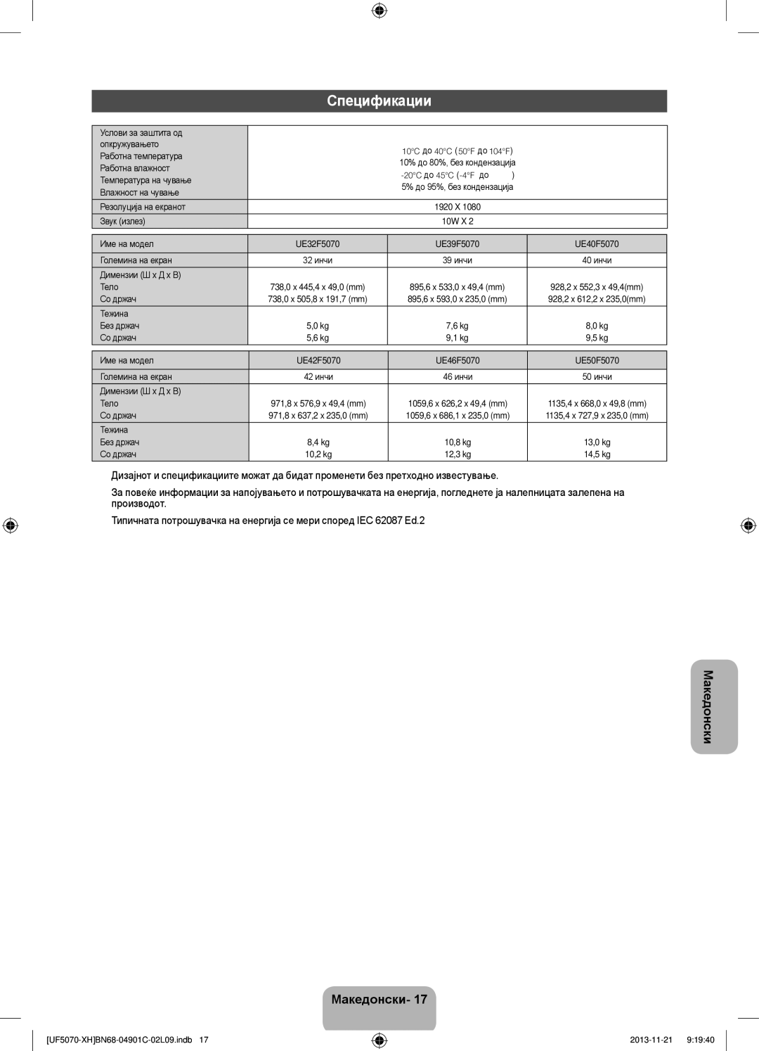 Samsung UE42F5070SSXXH, UE42F5070SSXZG manual Спецификации 