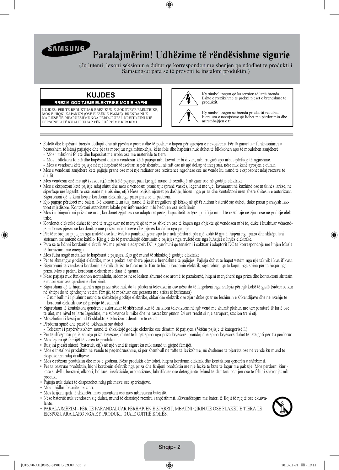 Samsung UE42F5070SSXZG, UE42F5070SSXXH manual Paralajmërim! Udhëzime të rëndësishme sigurie, Shqip 