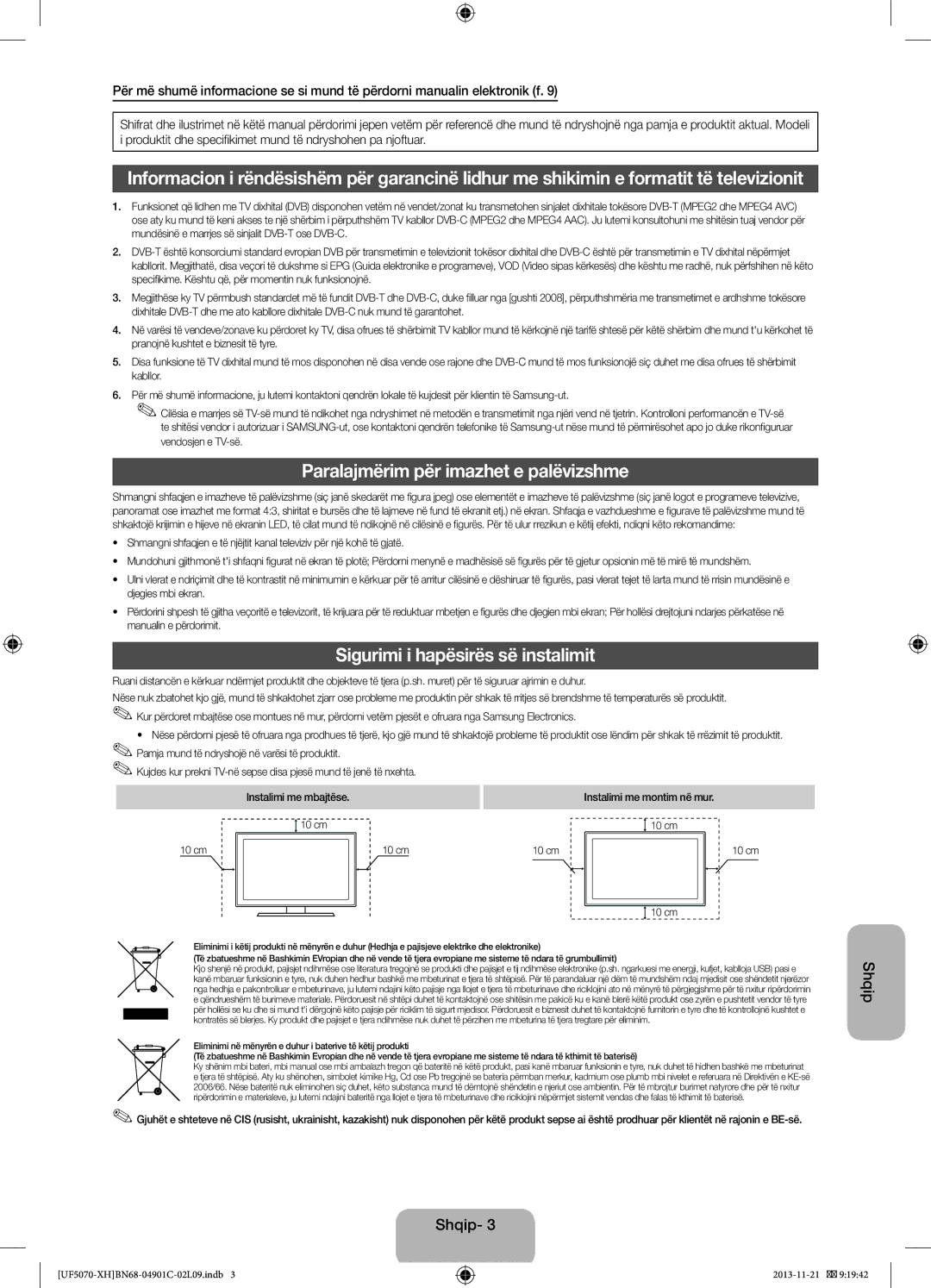 Samsung UE42F5070SSXXH, UE42F5070SSXZG manual Paralajmërim për imazhet e palëvizshme, Sigurimi i hapësirës së instalimit 