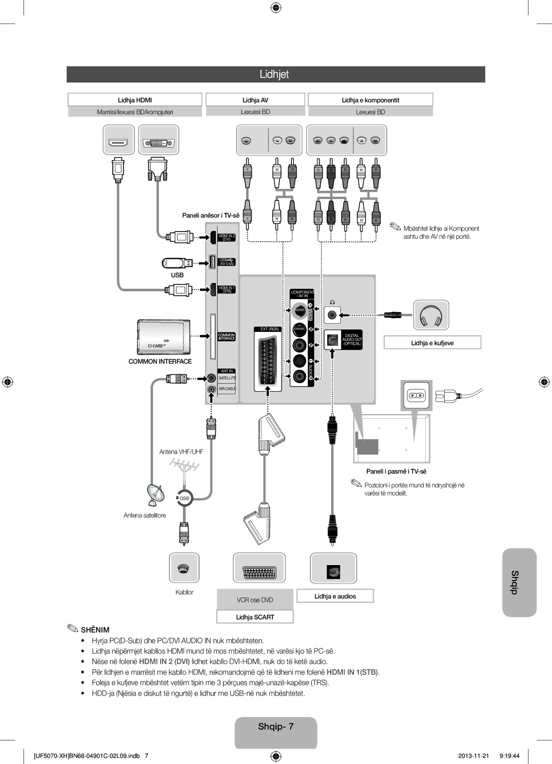 Samsung UE42F5070SSXXH manual Lidhjet, Lidhja e komponentit, Antena VHF/UHF Ose Antena satelitore, Lidhja e audios 