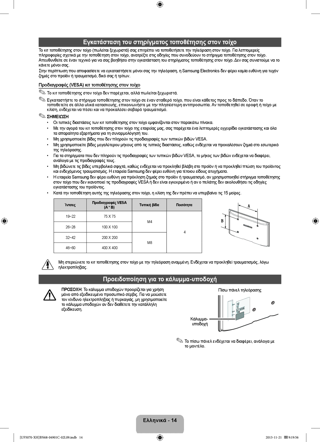 Samsung UE42F5070SSXZG manual Εγκατάσταση του στηρίγματος τοποθέτησης στον τοίχο, Προειδοποίηση για το κάλυμμα-υποδοχή 