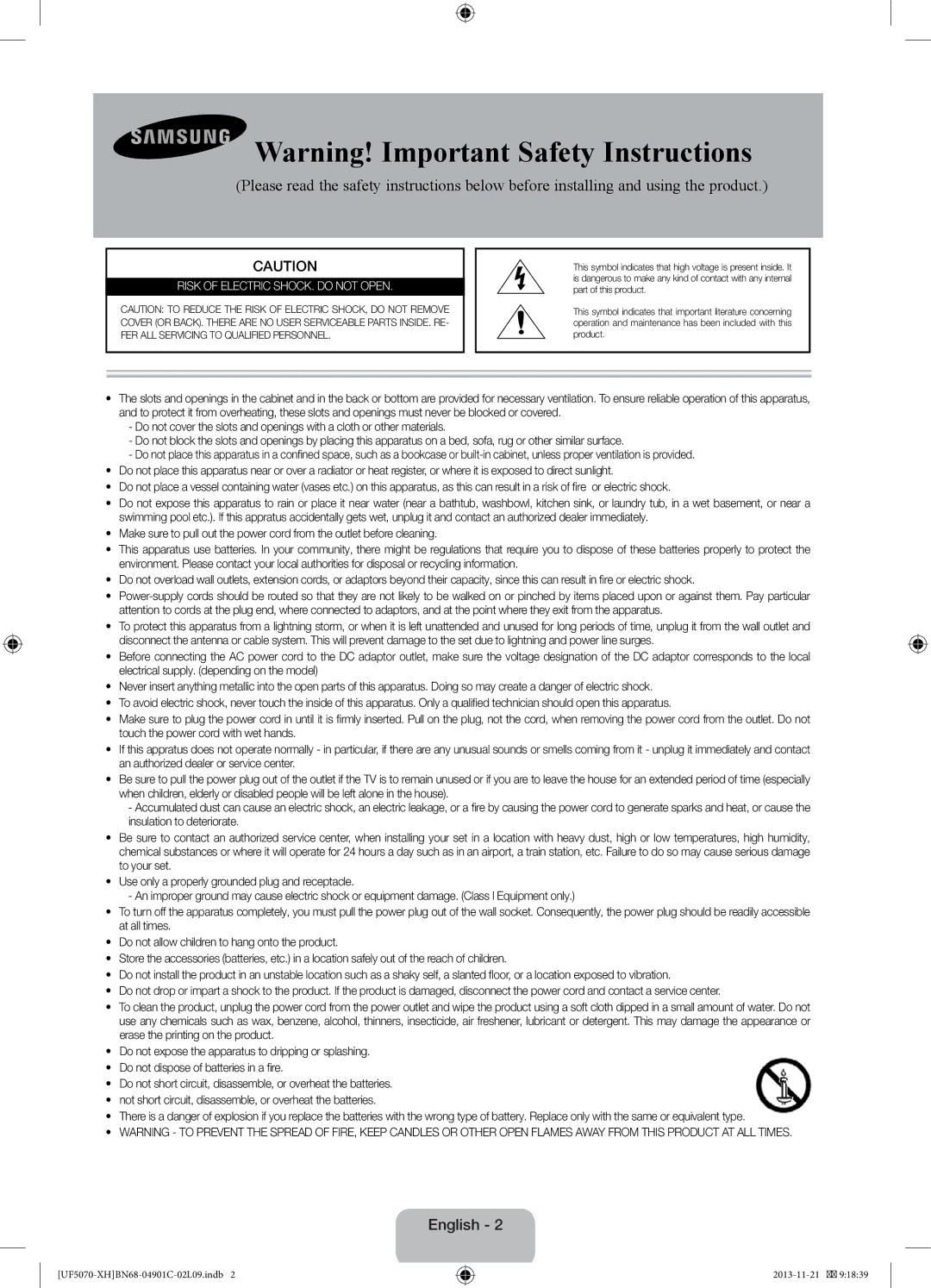 Samsung UE42F5070SSXZG, UE42F5070SSXXH manual English, Risk of Electric SHOCK. do not Open 