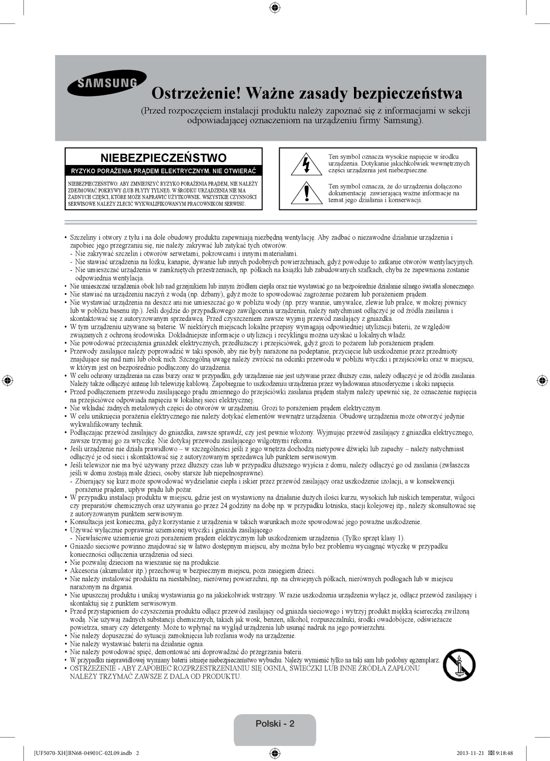 Samsung UE42F5070SSXZG, UE42F5070SSXXH manual Ostrzeżenie! Ważne zasady bezpieczeństwa, Polski 