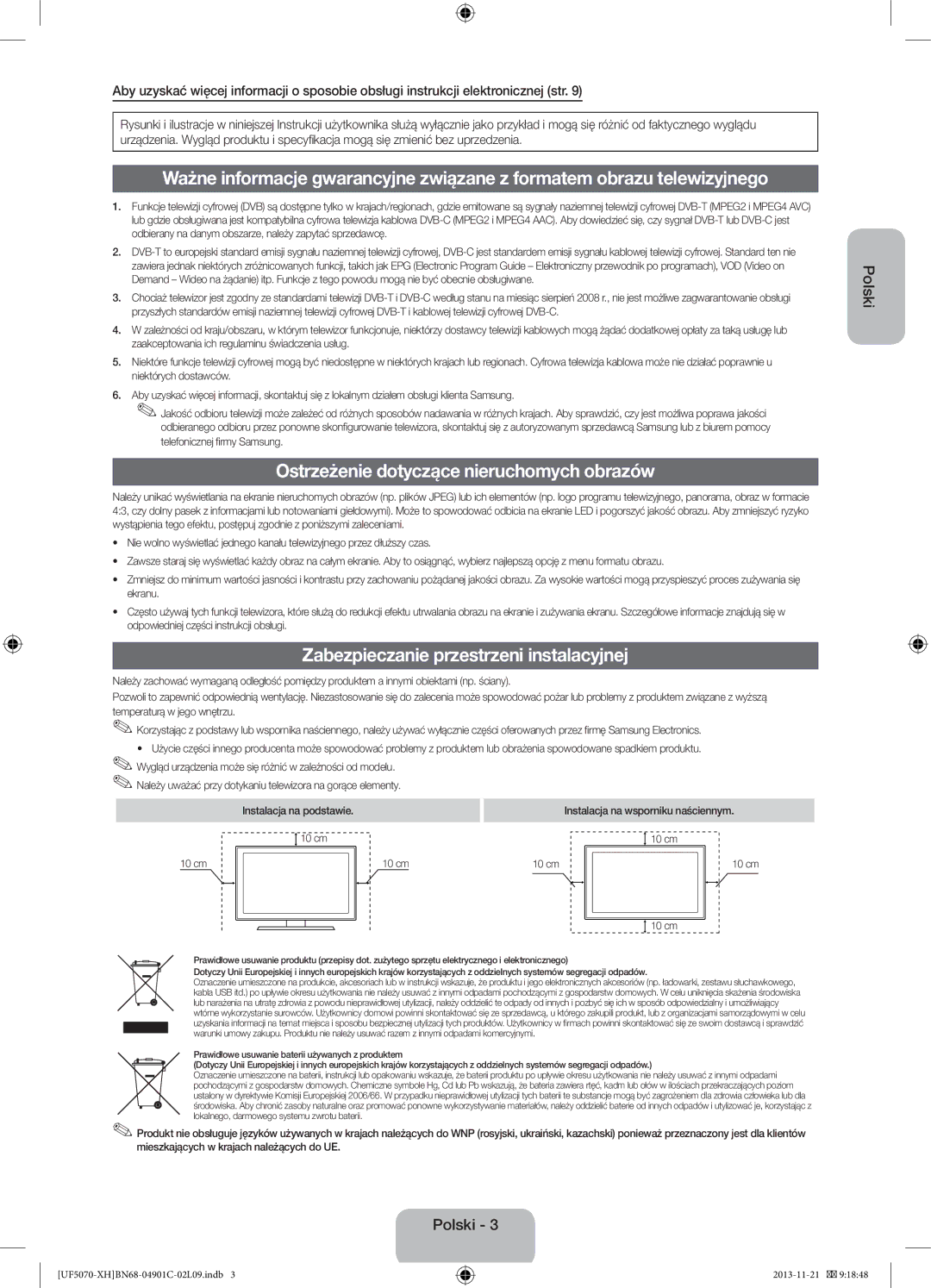 Samsung UE42F5070SSXXH manual Ostrzeżenie dotyczące nieruchomych obrazów, Zabezpieczanie przestrzeni instalacyjnej 