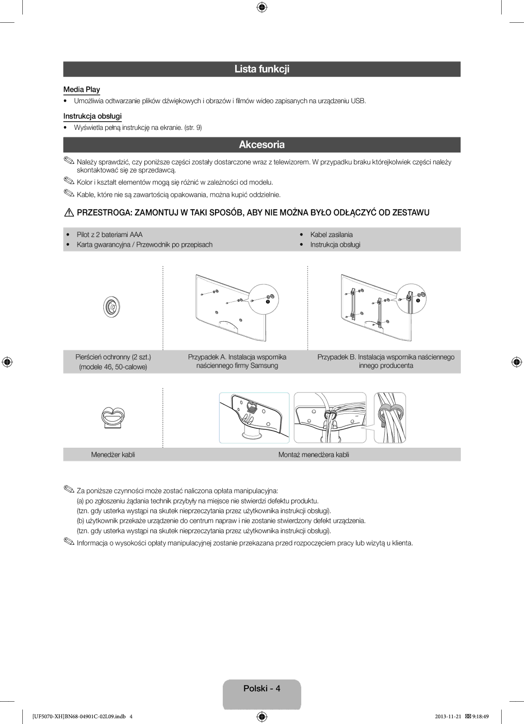 Samsung UE42F5070SSXZG, UE42F5070SSXXH manual Lista funkcji, Akcesoria, Instrukcja obsługi 