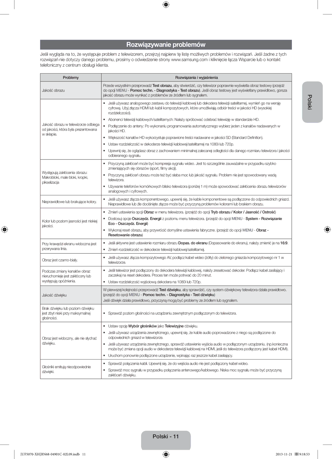 Samsung UE42F5070SSXXH, UE42F5070SSXZG manual Rozwiązywanie problemów 