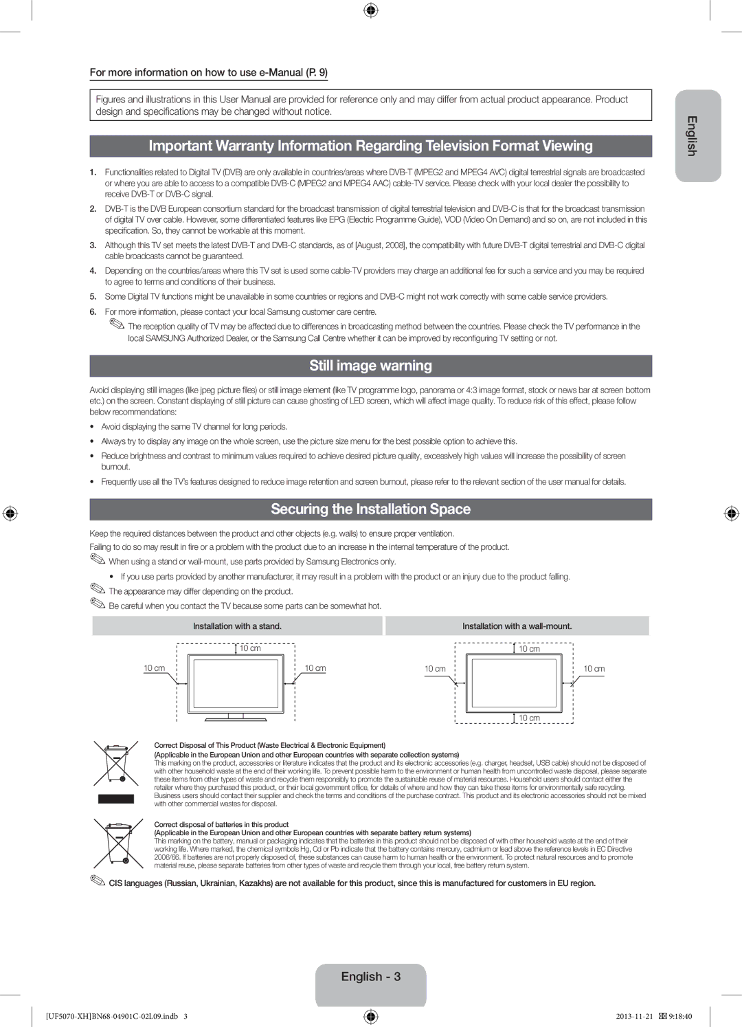 Samsung UE42F5070SSXXH Still image warning, Securing the Installation Space, For more information on how to use e-Manual P 