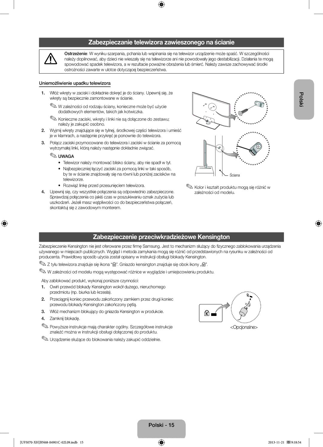 Samsung UE42F5070SSXXH Zabezpieczanie telewizora zawieszonego na ścianie, Zabezpieczenie przeciwkradzieżowe Kensington 