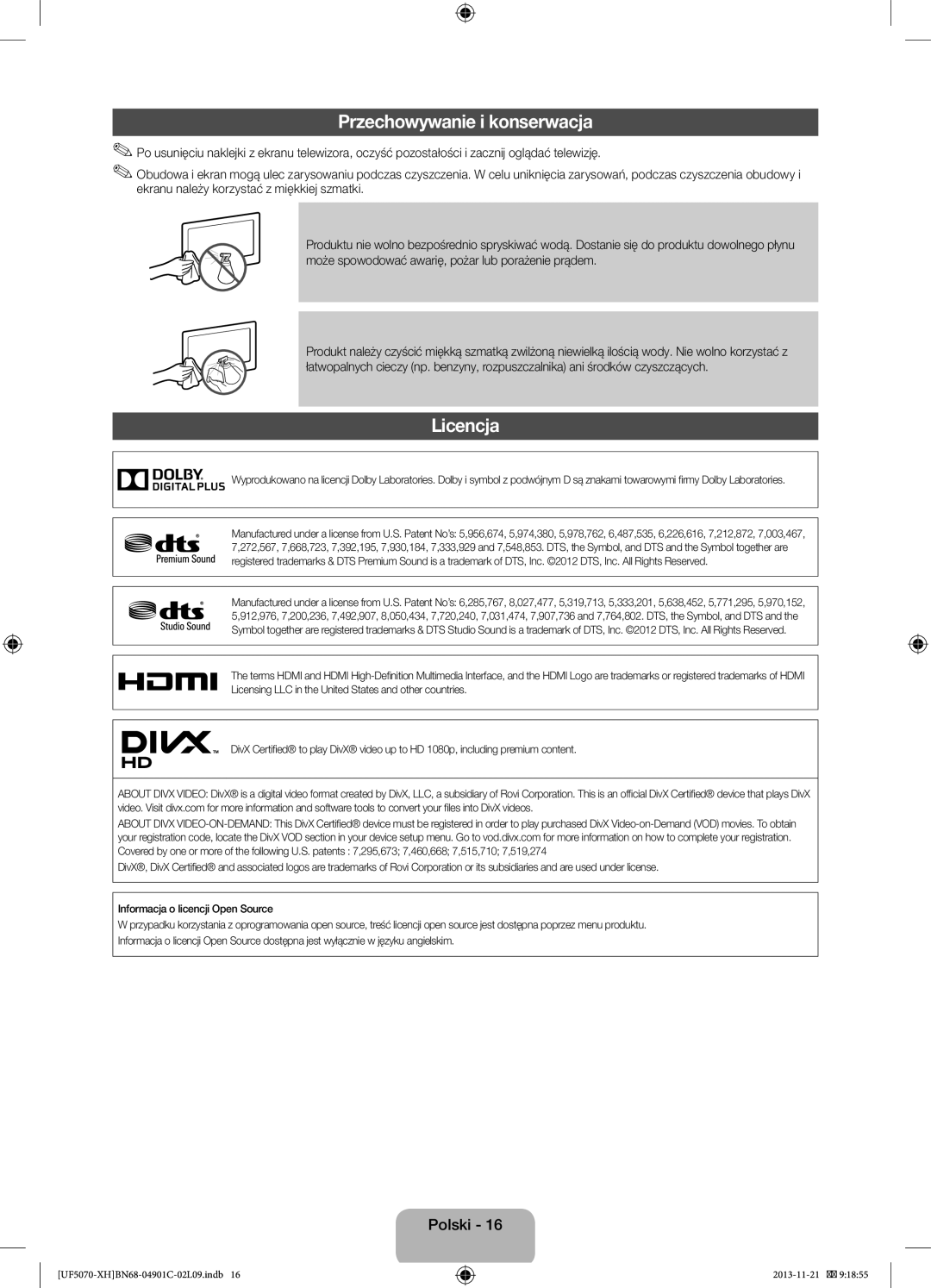 Samsung UE42F5070SSXZG, UE42F5070SSXXH manual Przechowywanie i konserwacja, Licencja 