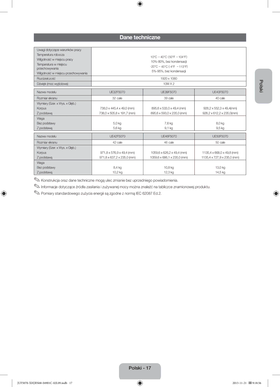 Samsung UE42F5070SSXXH, UE42F5070SSXZG manual Dane techniczne 