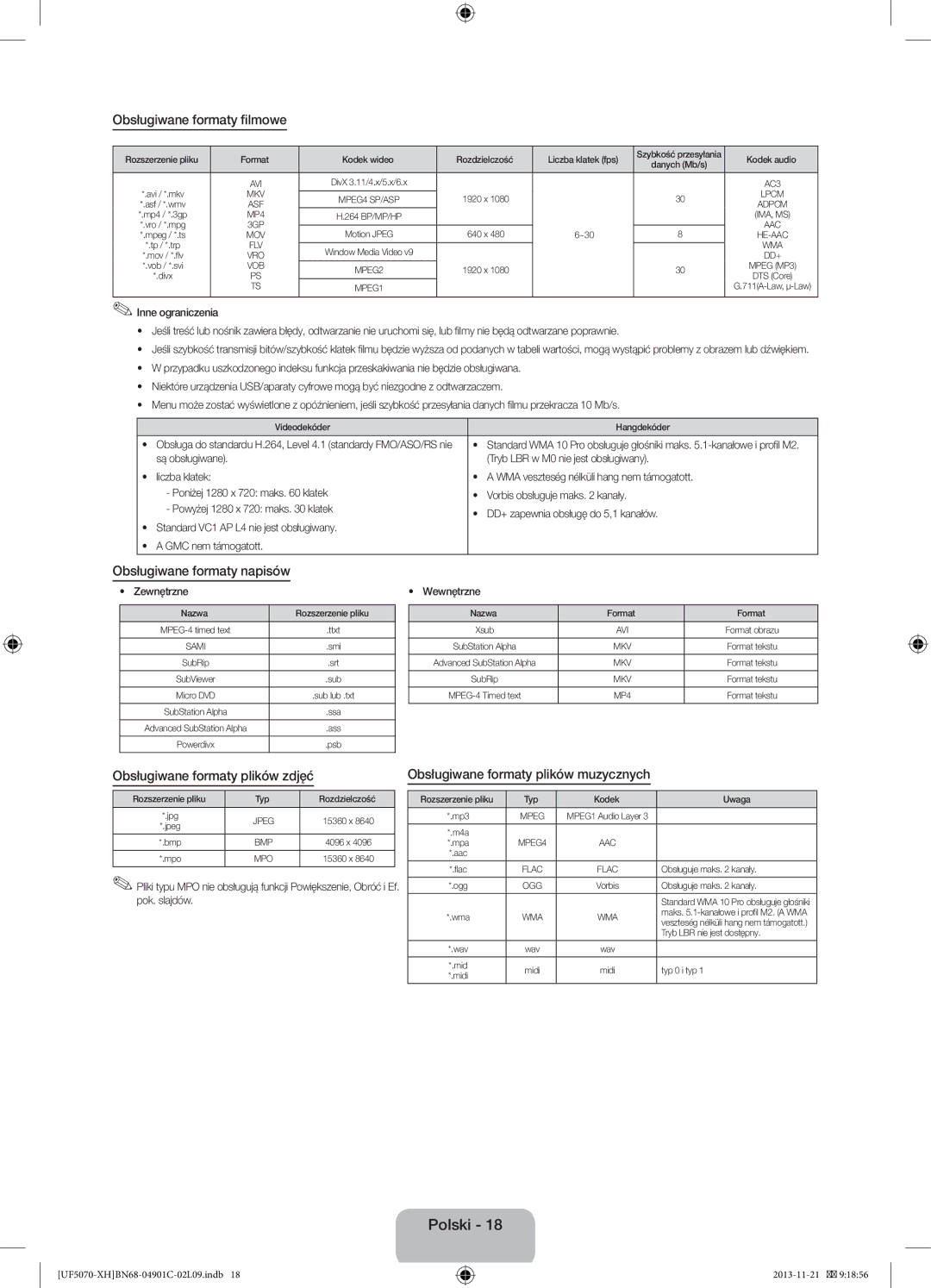 Samsung UE42F5070SSXZG manual Obsługiwane formaty filmowe, Obsługiwane formaty napisów, Obsługiwane formaty plików zdjęć 