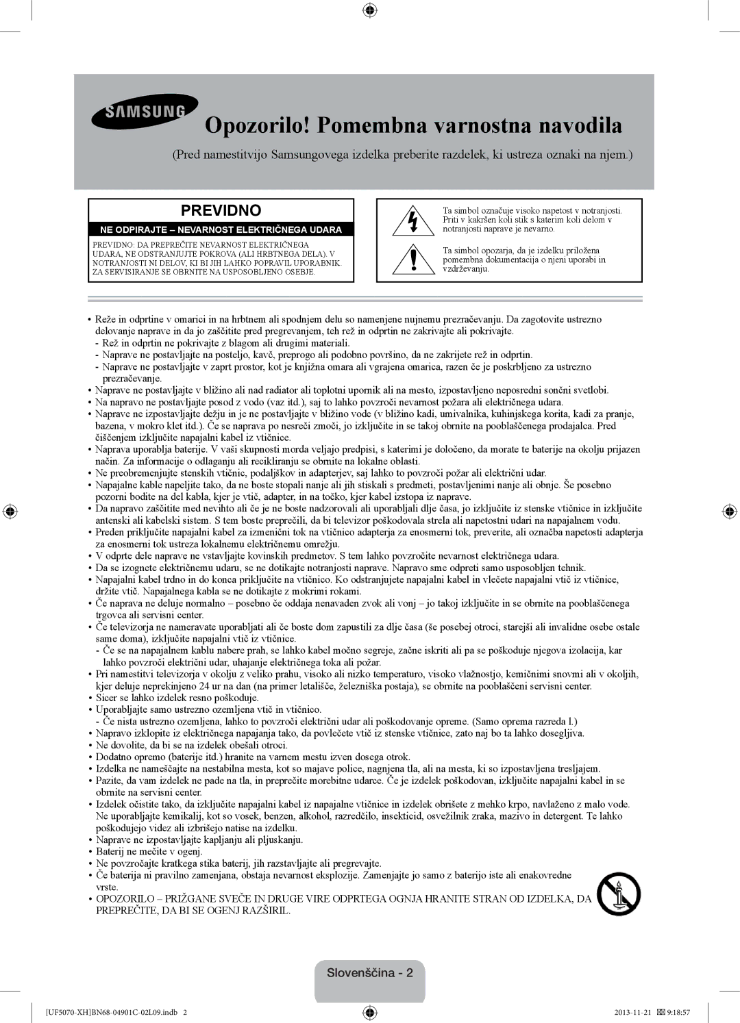 Samsung UE42F5070SSXZG, UE42F5070SSXXH manual Opozorilo! Pomembna varnostna navodila, Slovenščina 