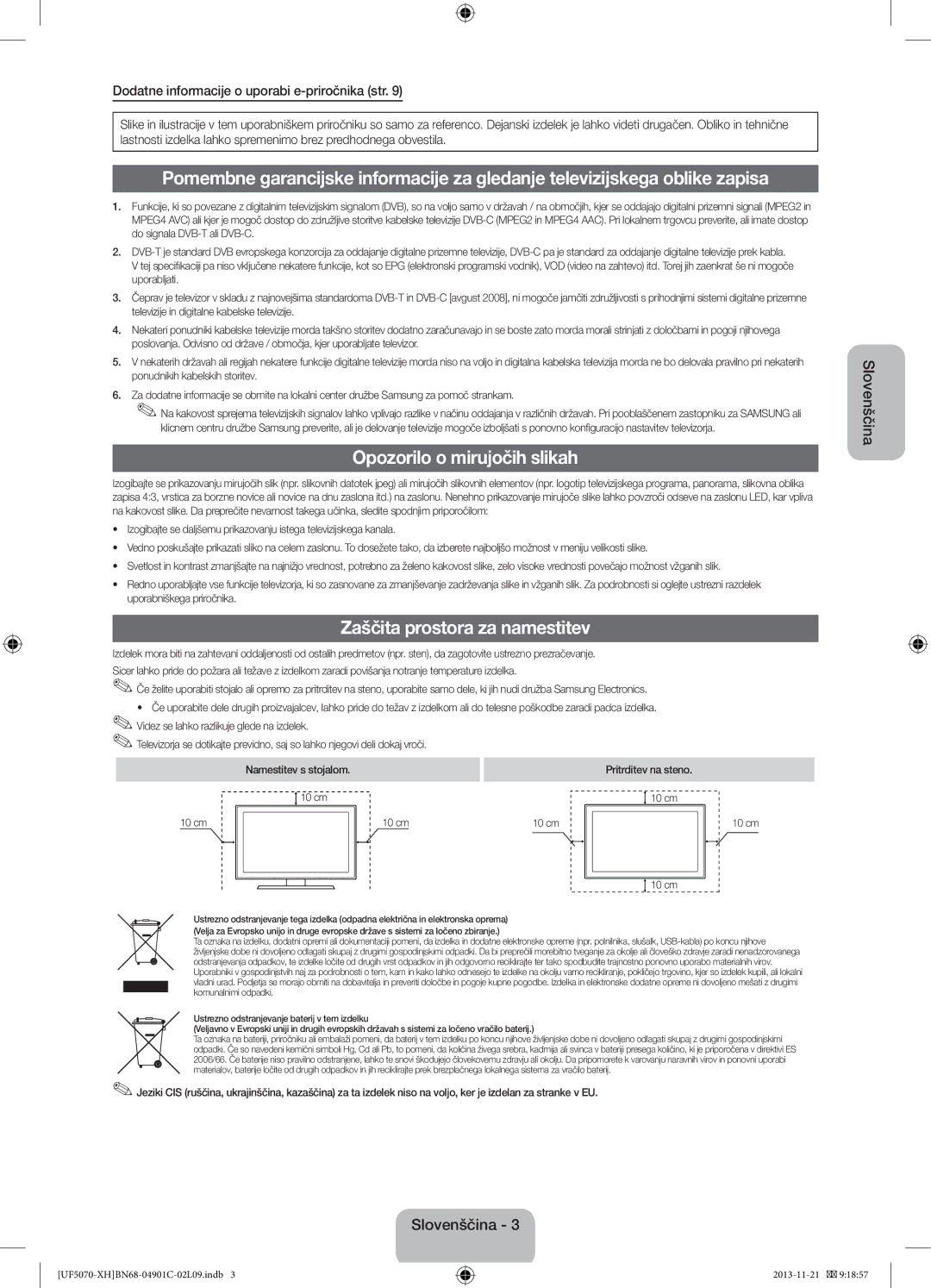 Samsung UE42F5070SSXXH, UE42F5070SSXZG manual Opozorilo o mirujočih slikah, Zaščita prostora za namestitev 