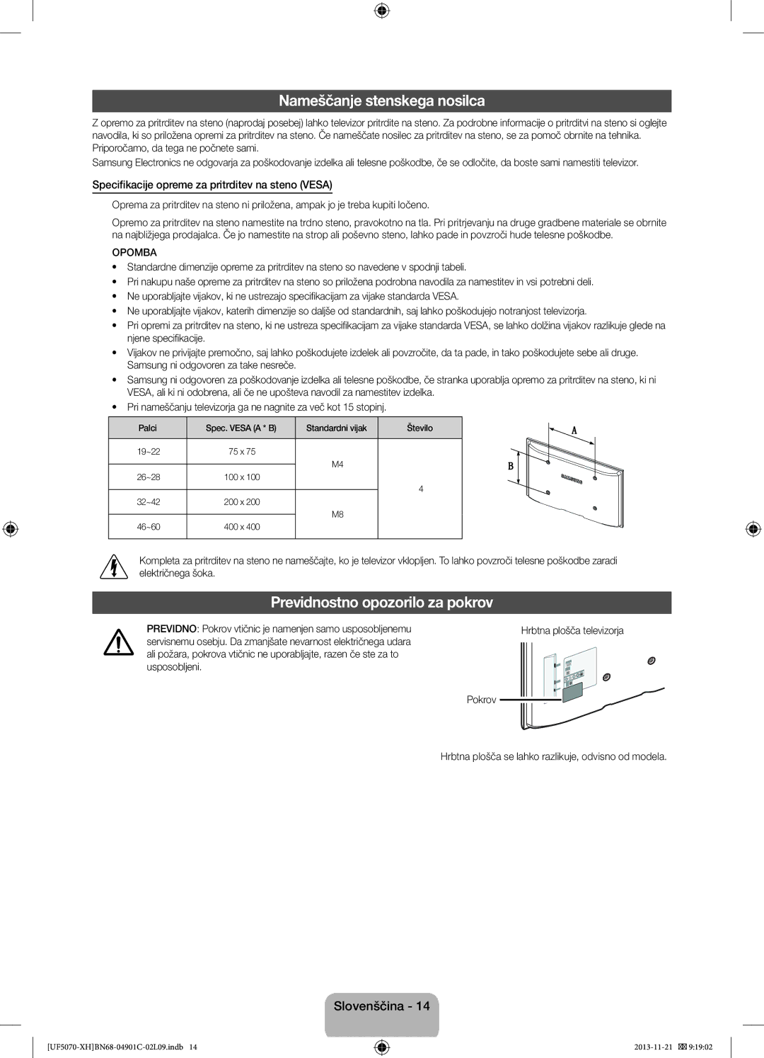 Samsung UE42F5070SSXZG manual Nameščanje stenskega nosilca, Previdnostno opozorilo za pokrov, Hrbtna plošča televizorja 