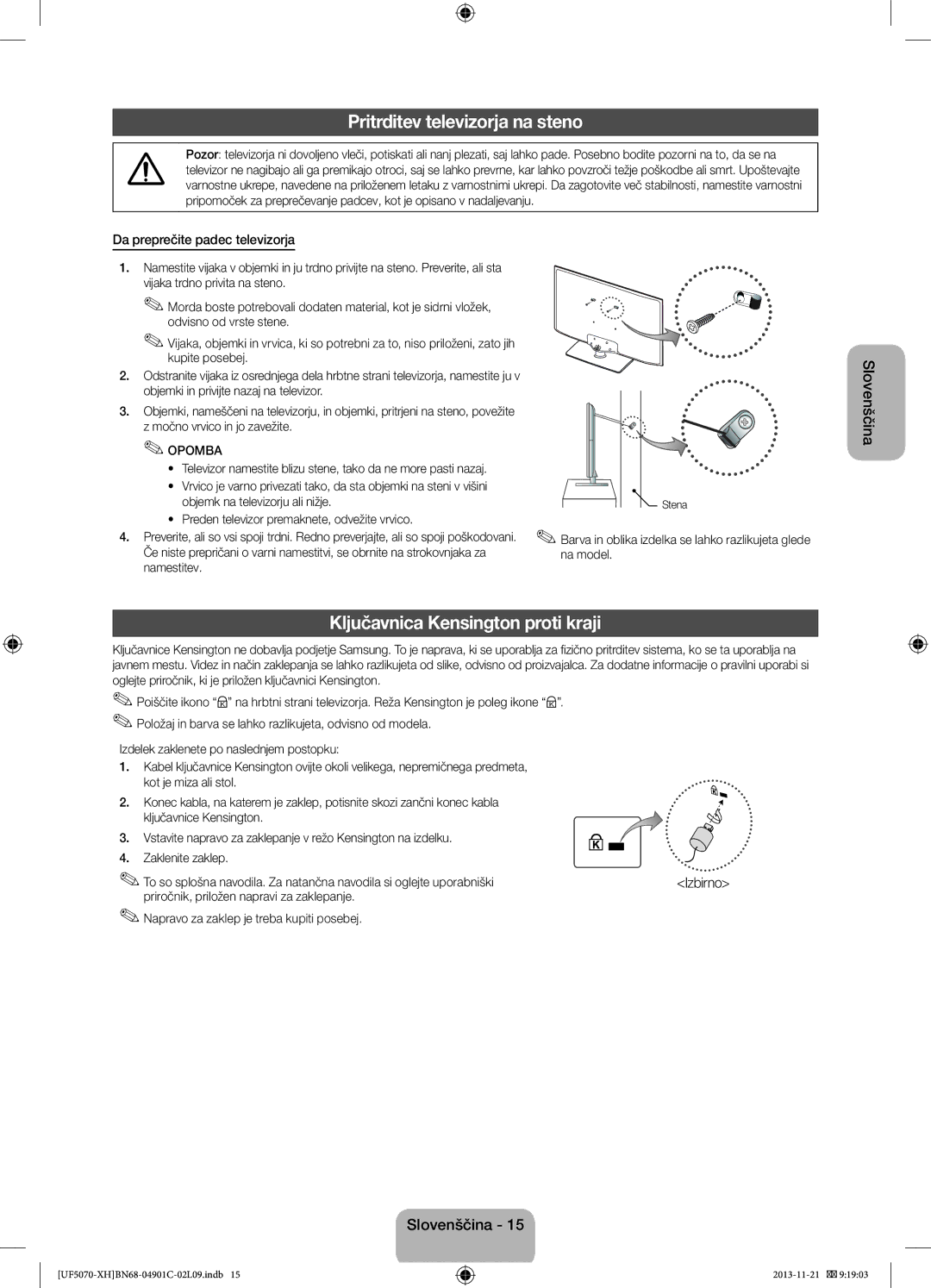 Samsung UE42F5070SSXXH, UE42F5070SSXZG manual Pritrditev televizorja na steno, Ključavnica Kensington proti kraji 