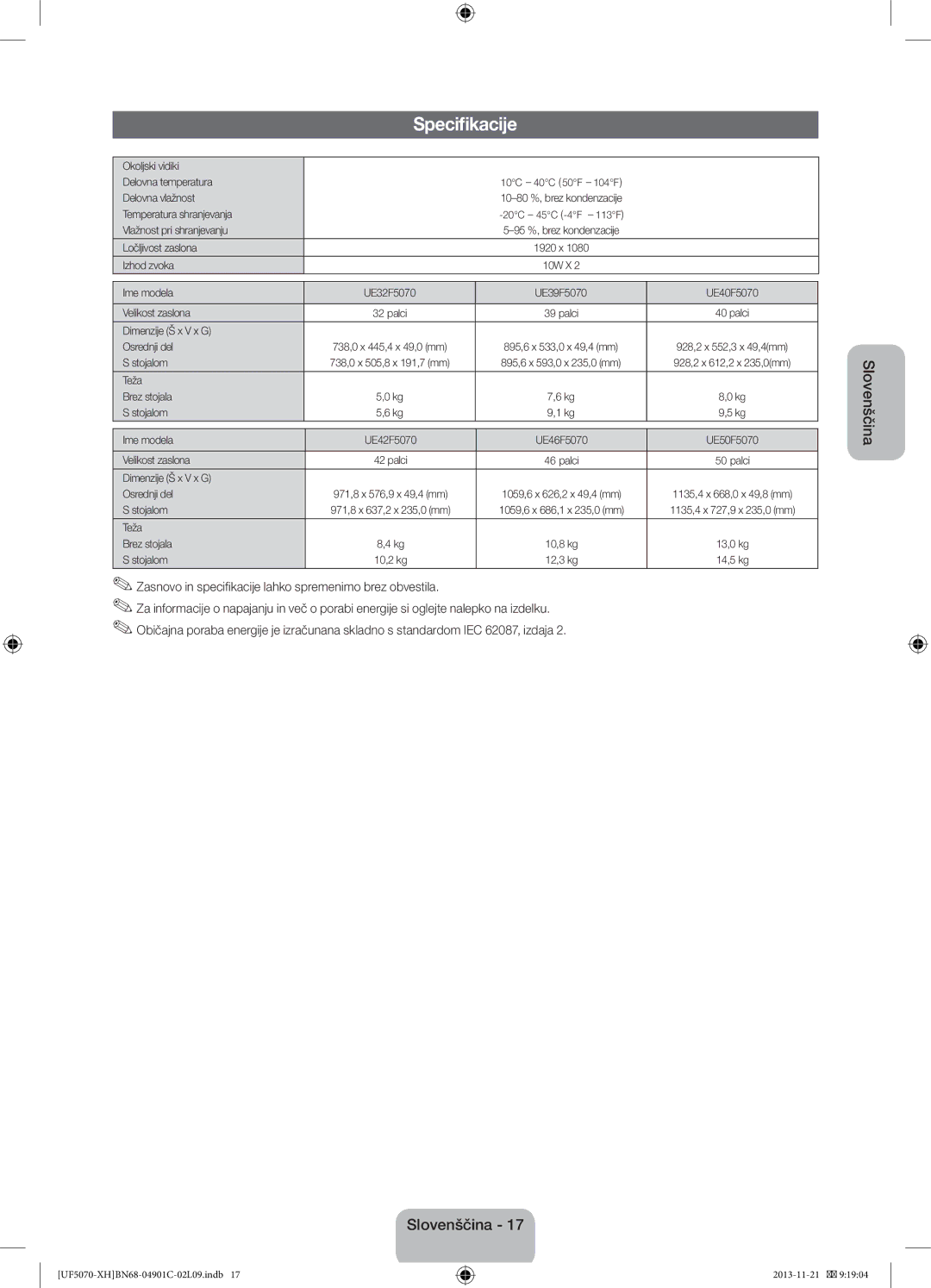 Samsung UE42F5070SSXXH, UE42F5070SSXZG manual Specifikacije, Zasnovo in specifikacije lahko spremenimo brez obvestila 