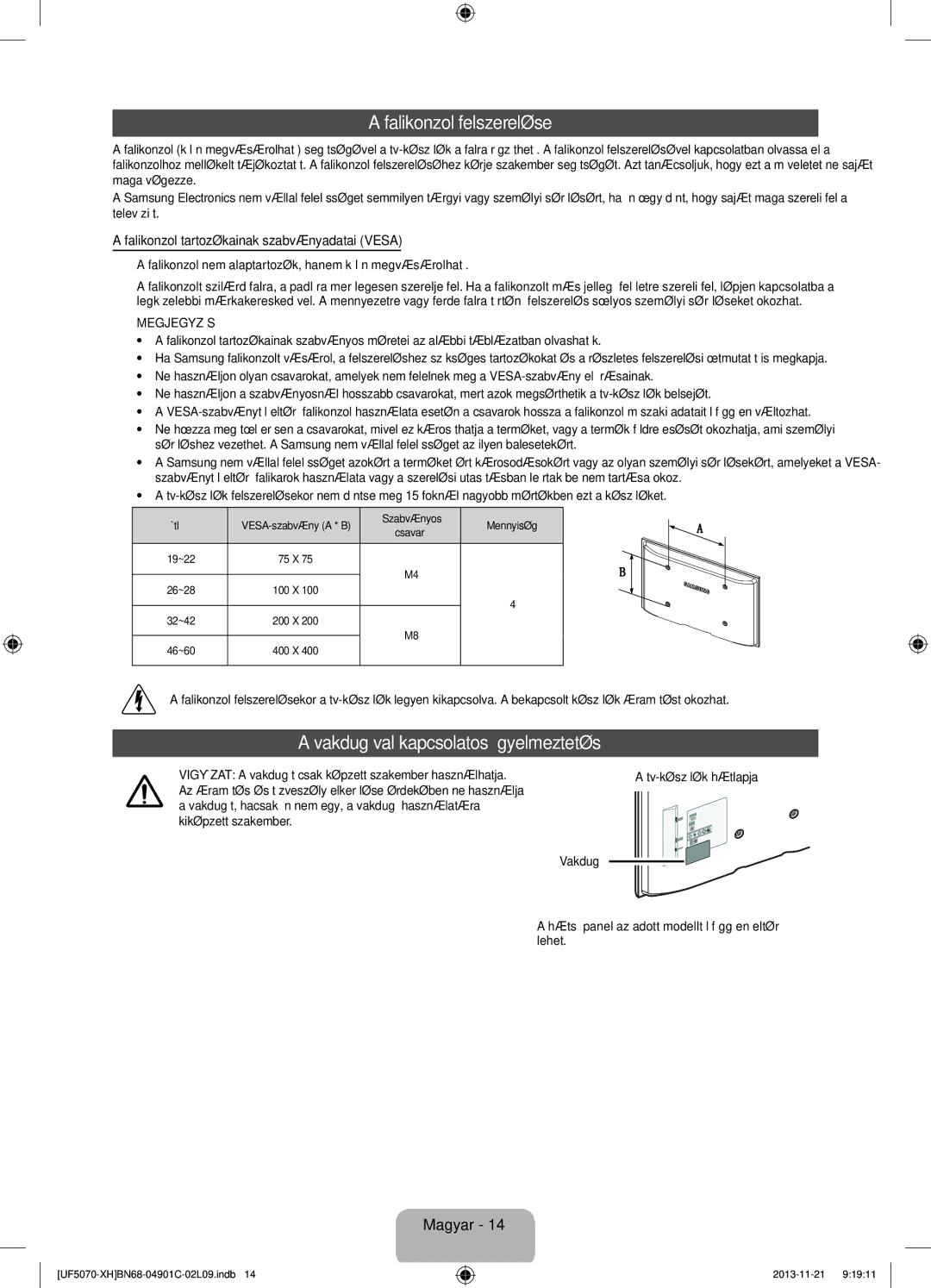 Samsung UE42F5070SSXZG, UE42F5070SSXXH manual Falikonzol felszerelése, Vakdugóval kapcsolatos figyelmeztetés 